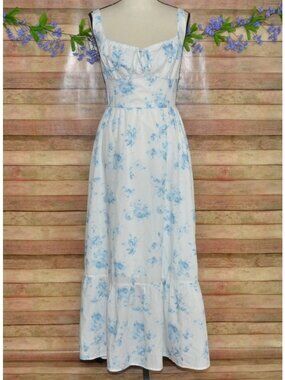 Blush & Day Baby Blue Floral Maxi Sundress Size M Milkmaid Cottage Core Tiered